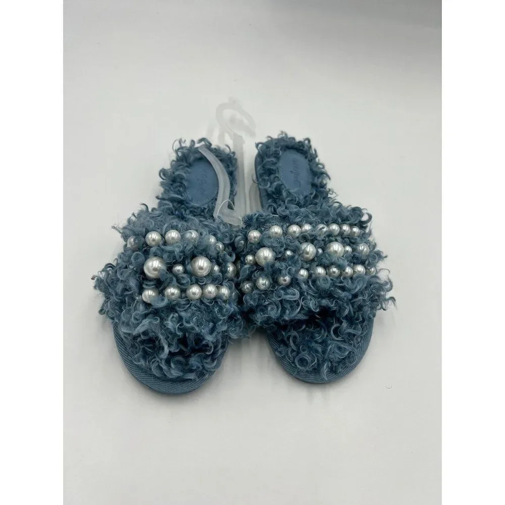 Cat Jack Girls Fuzzy Slippers Pearls Blue Size 3 Slides Faux Fur NWT